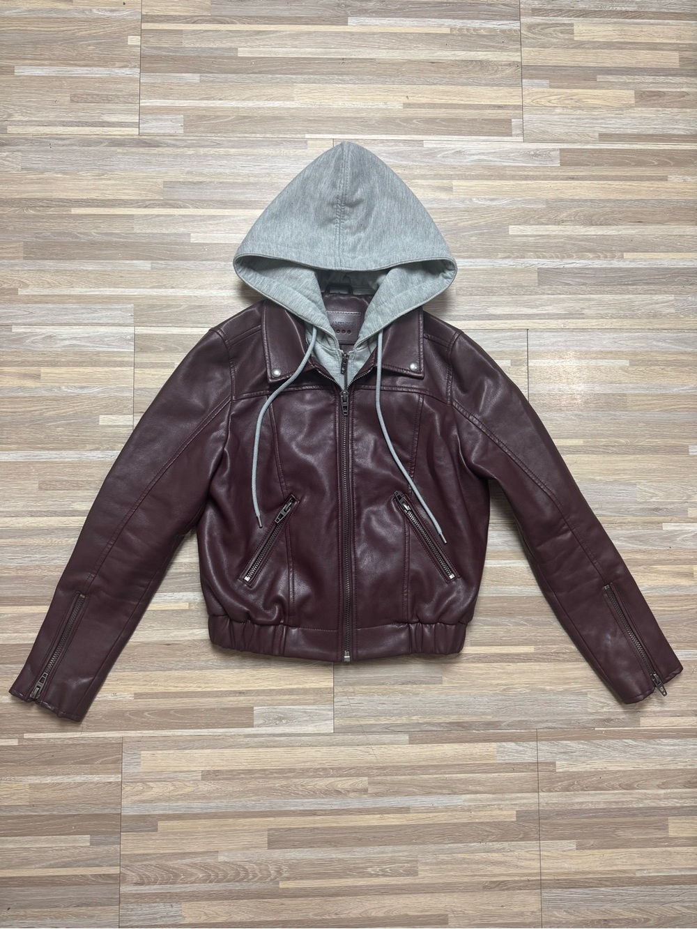 BLANKNYC Burgundy Faux Leather Bomber Jacket with Removable Hood